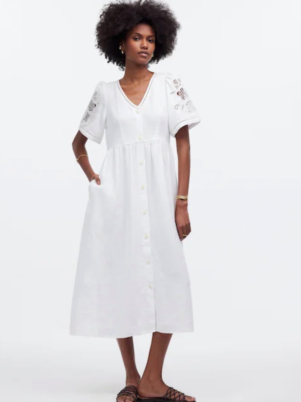 Madewell Cassie Button-Front Midi Dress in Linen in Eyelet White